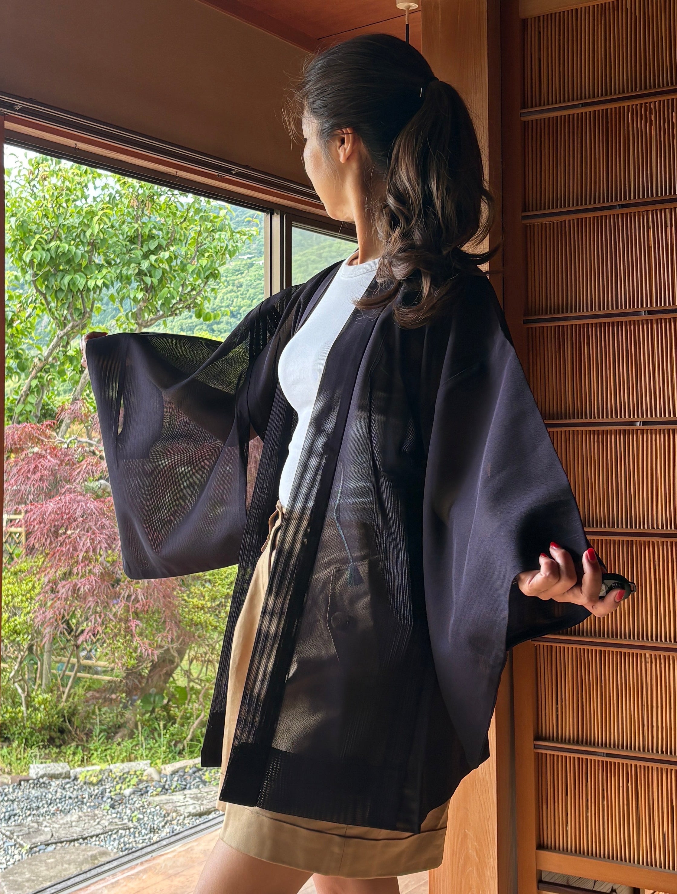 Vintage Sheer Silk Haori – Midnight Black with Hidden Stripes