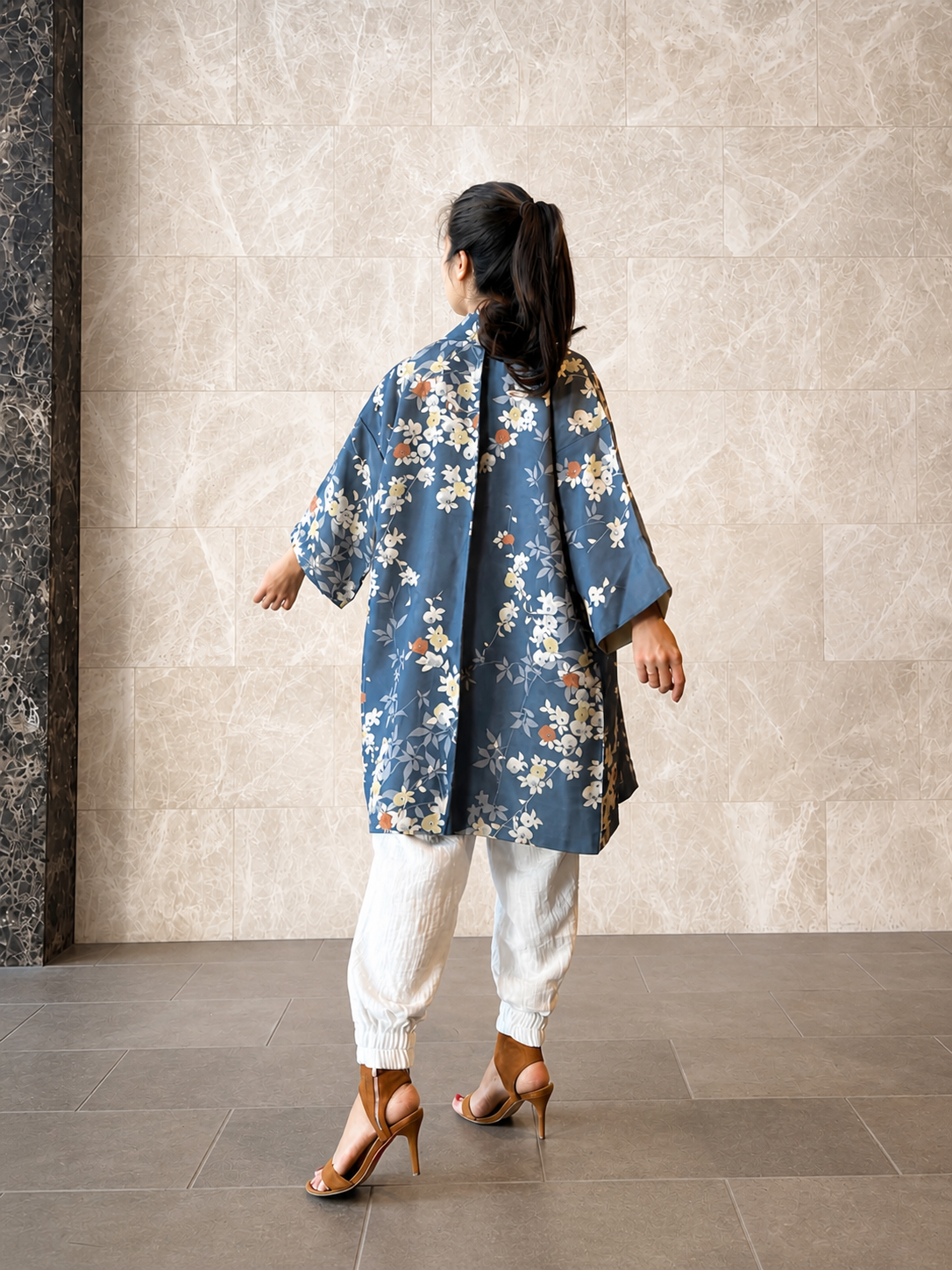 Vintage Silk Haori – Rinzu Weave, Blue Floral