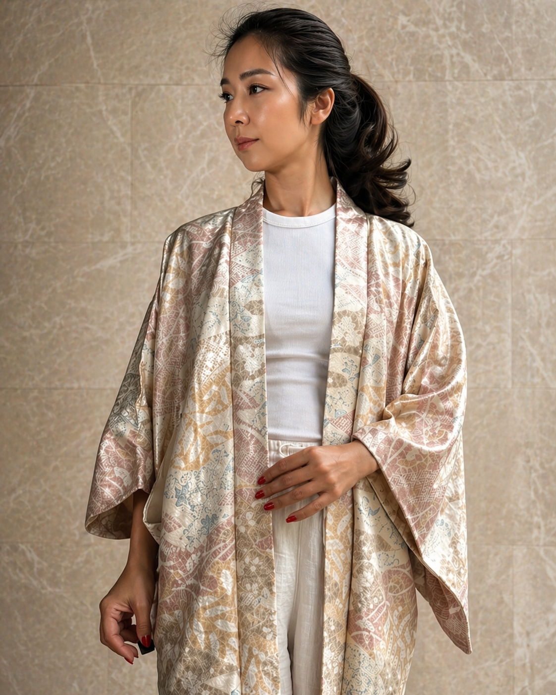 Vintage Silk Haori Jacket – Soft Pink with Woven Seasonal Motifs