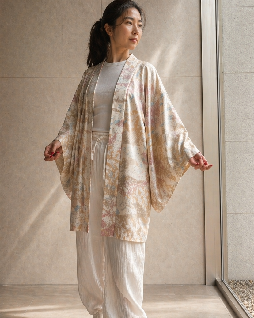 Vintage Silk Haori Jacket – Soft Pink with Woven Seasonal Motifs