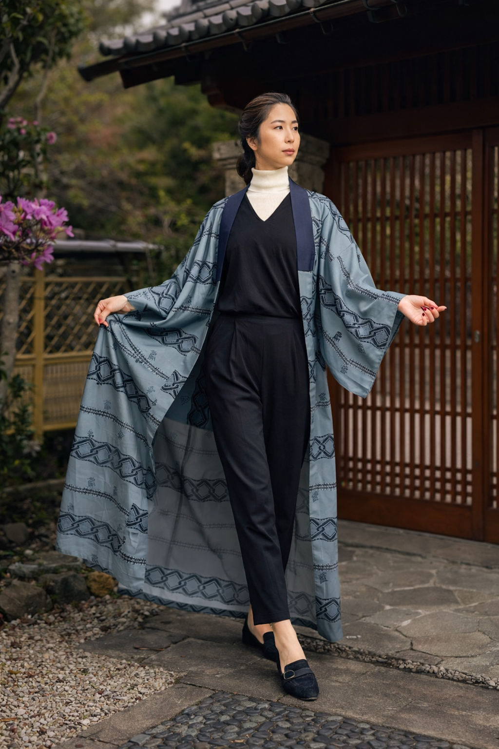 Kimono Robe – Vintage Haori in Steel Blue Geometry