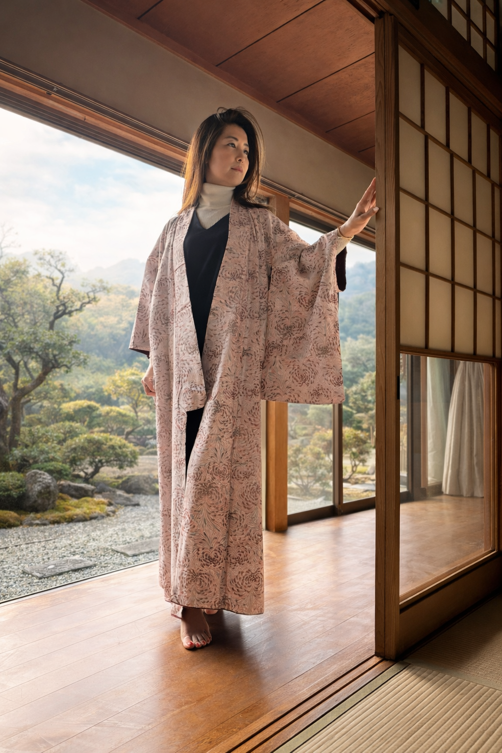 Chrysanthemum Pattern Long Robe – Deep Red