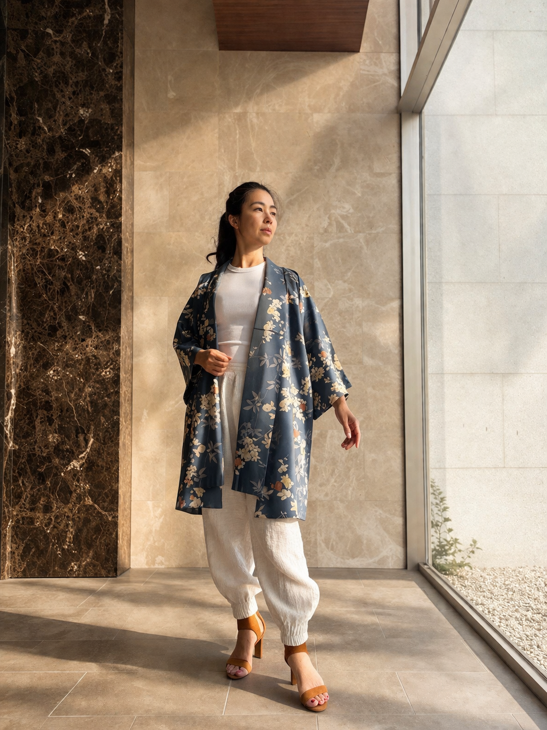 Vintage Silk Haori – Rinzu Weave, Blue Floral