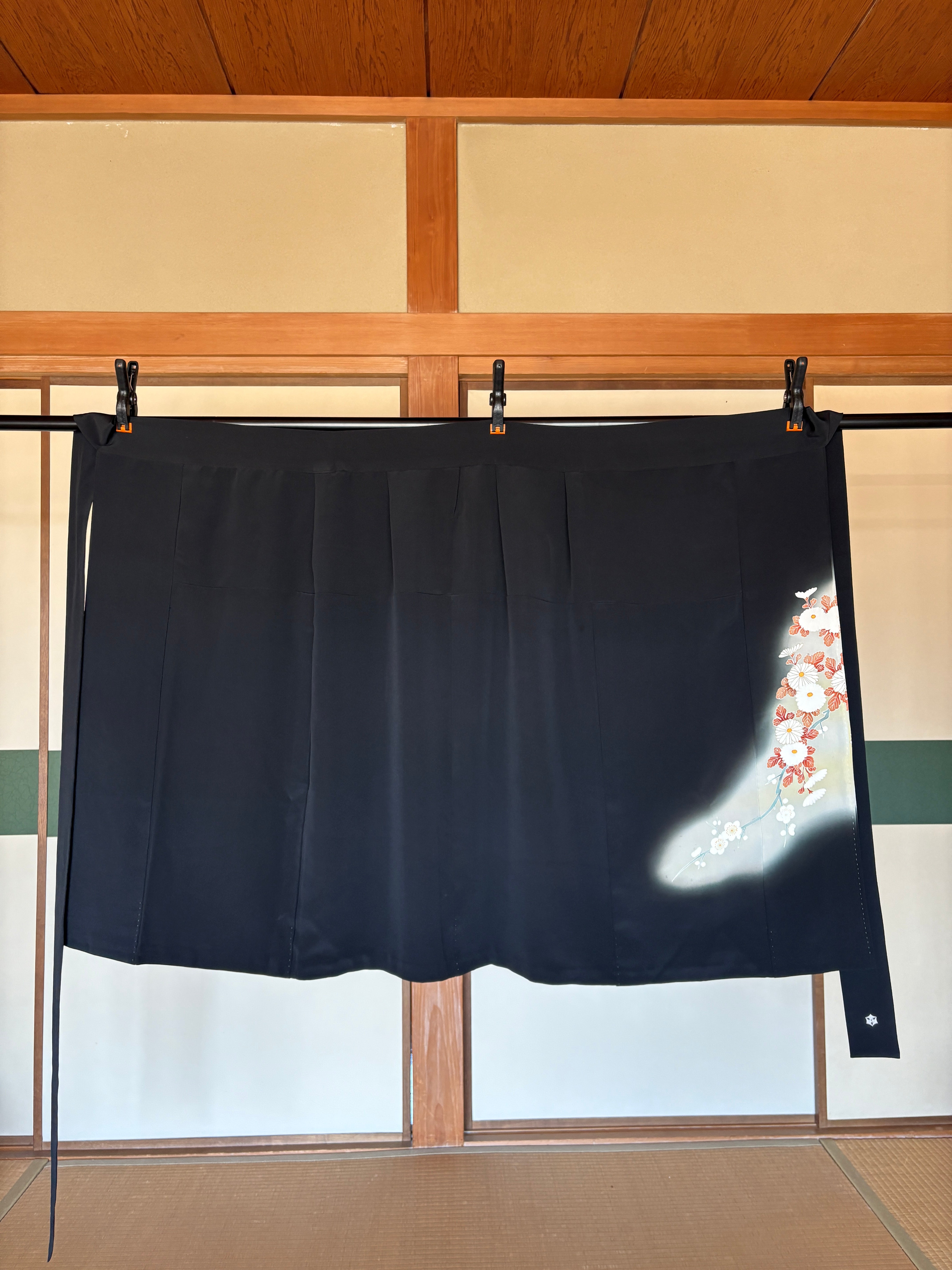 Kimono Silk Remake Wrap Skirt – Hanakago (Flower Basket) Motif, Black