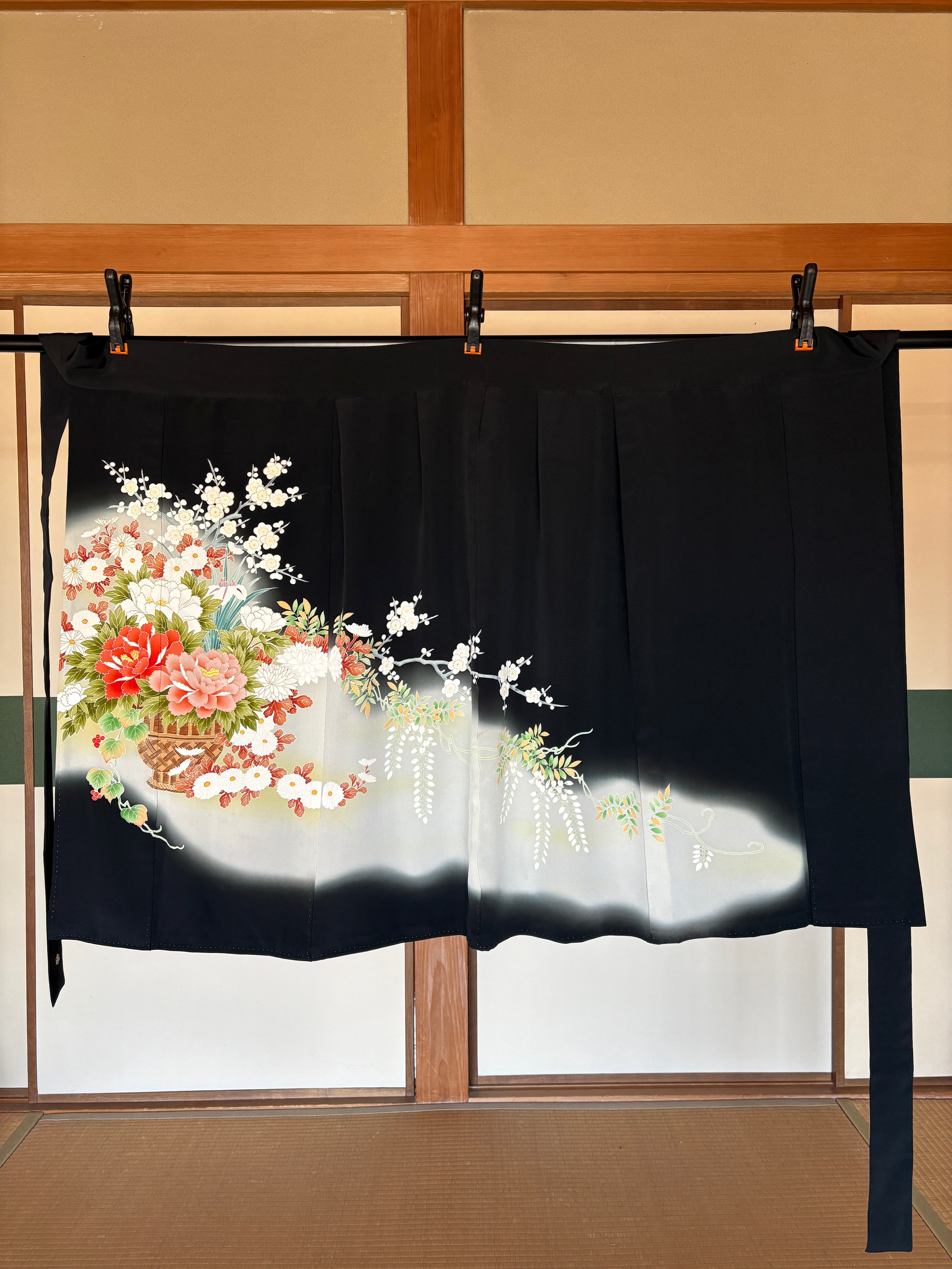 Kimono Silk Remake Wrap Skirt – Hanakago (Flower Basket) Motif, Black