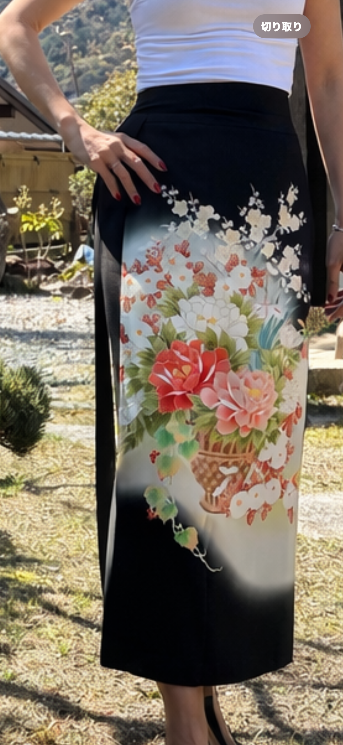 Kimono Silk Remake Wrap Skirt – Hanakago (Flower Basket) Motif, Black