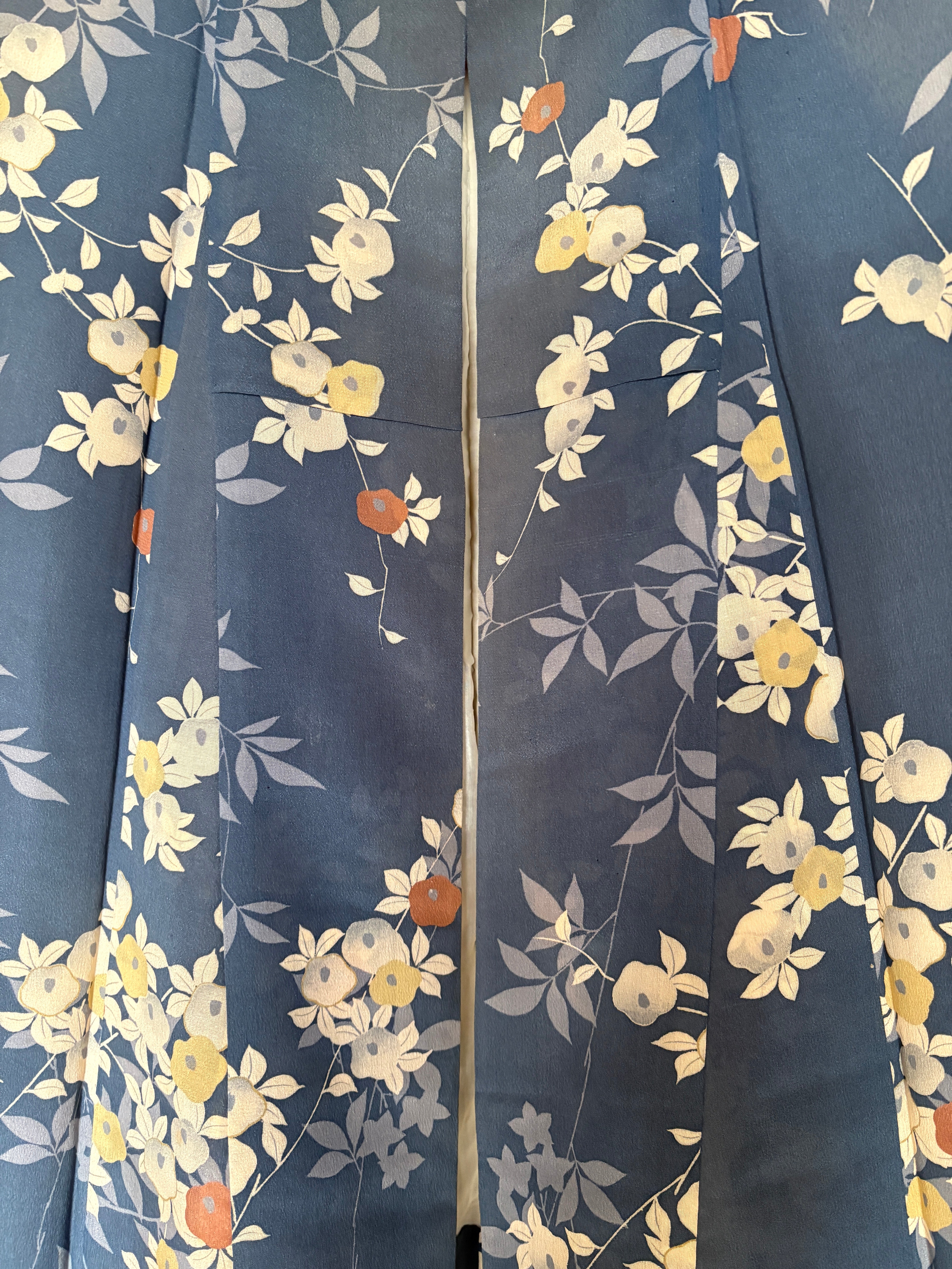 Vintage Silk Haori – Rinzu Weave, Blue Floral