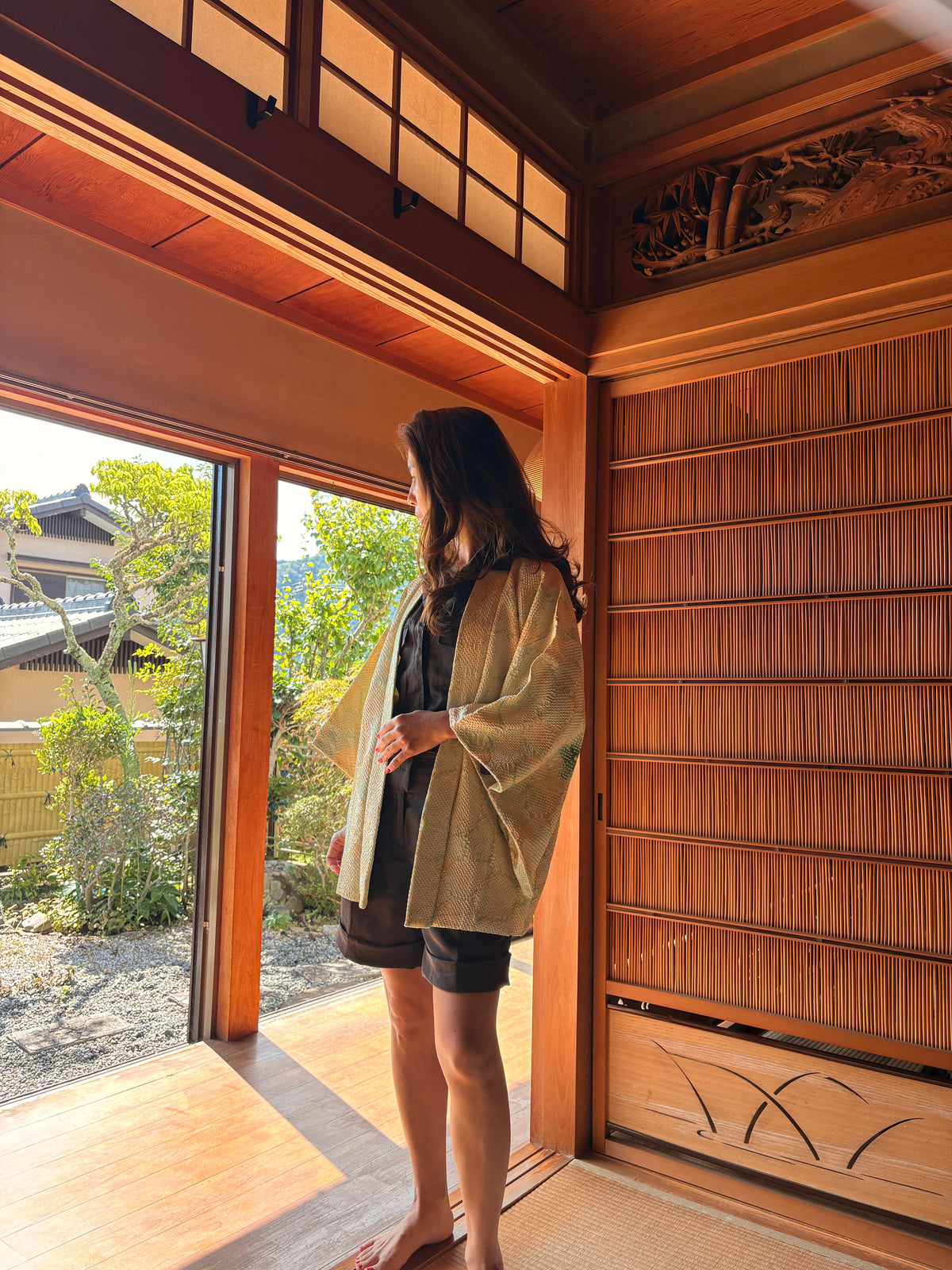 Vintage Japanese Shibori Haori Jacket – Pale Yellow & Green