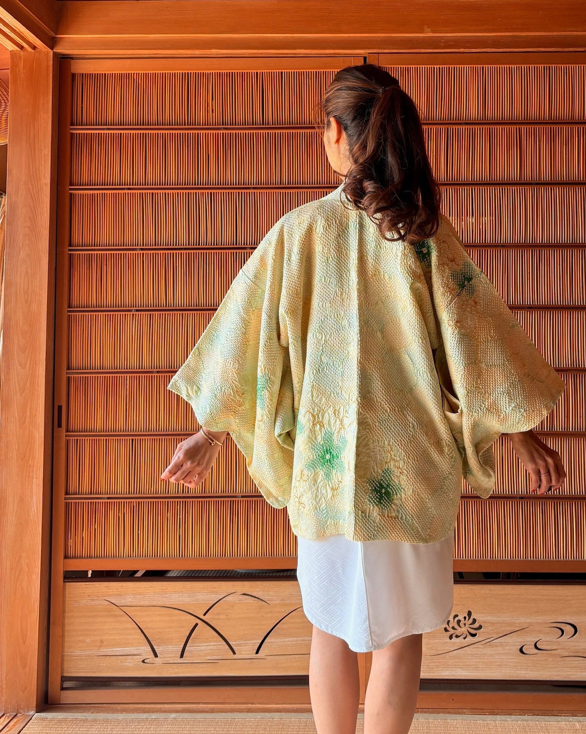 Vintage Japanese Shibori Haori Jacket – Pale Yellow & Green