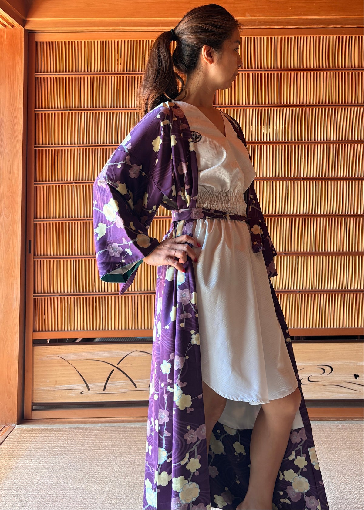 Hand-Sewn Japanese Kimono Robe with Belt – Deep Purple Floral