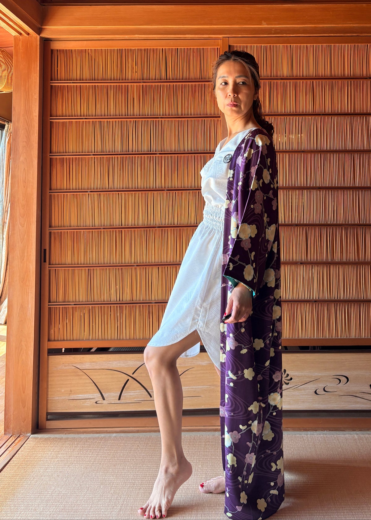 Hand-Sewn Japanese Kimono Robe with Belt – Deep Purple Floral