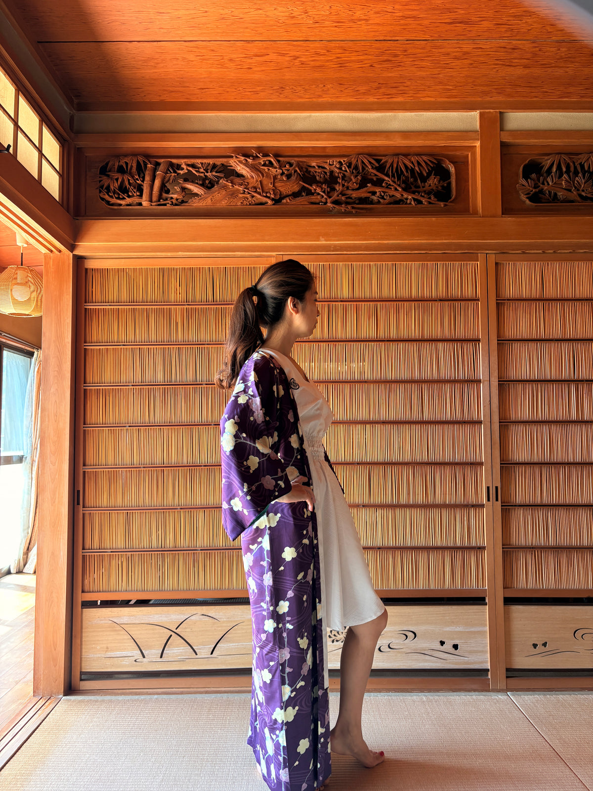 Hand-Sewn Japanese Kimono Robe with Belt – Deep Purple Floral