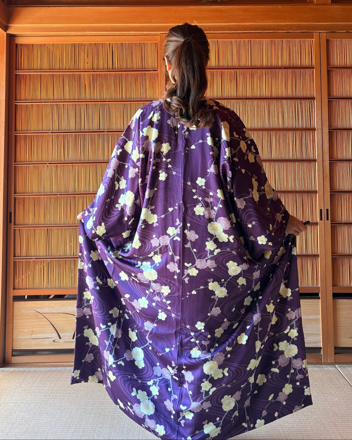 Hand-Sewn Japanese Kimono Robe with Belt – Deep Purple Floral