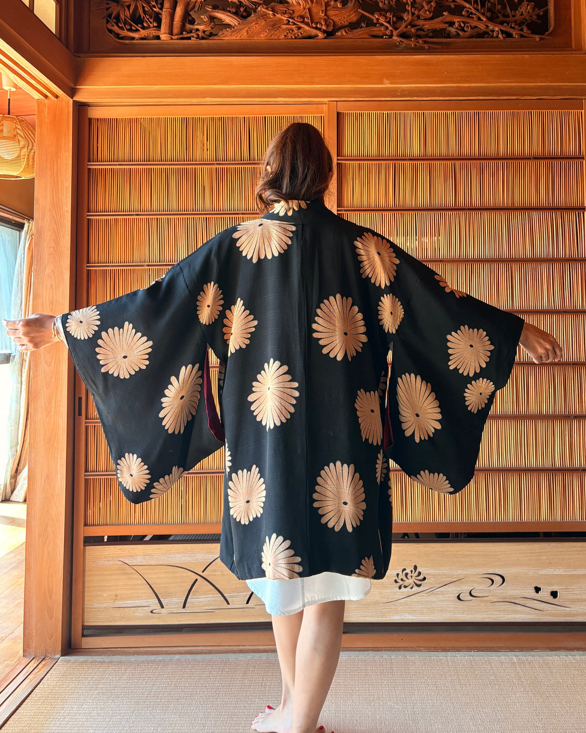 Antique Japanese Silk Haori – lack Chrysanthemum Kimono Jacket | Possibly Taisho Era