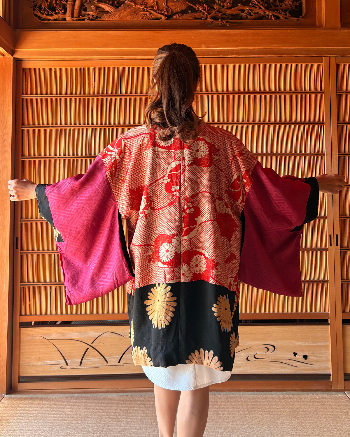 Antique Japanese Silk Haori – lack Chrysanthemum Kimono Jacket | Possibly Taisho Era