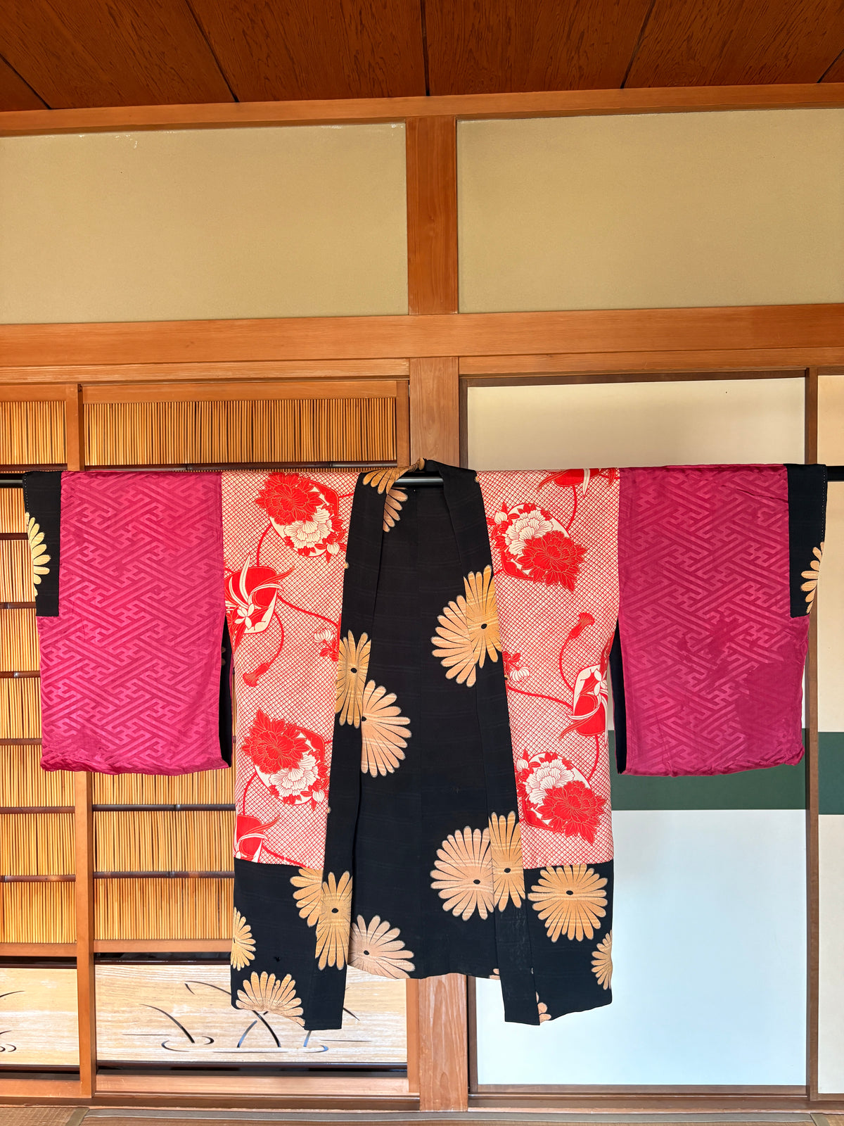 Antique Japanese Silk Haori – lack Chrysanthemum Kimono Jacket | Possibly Taisho Era