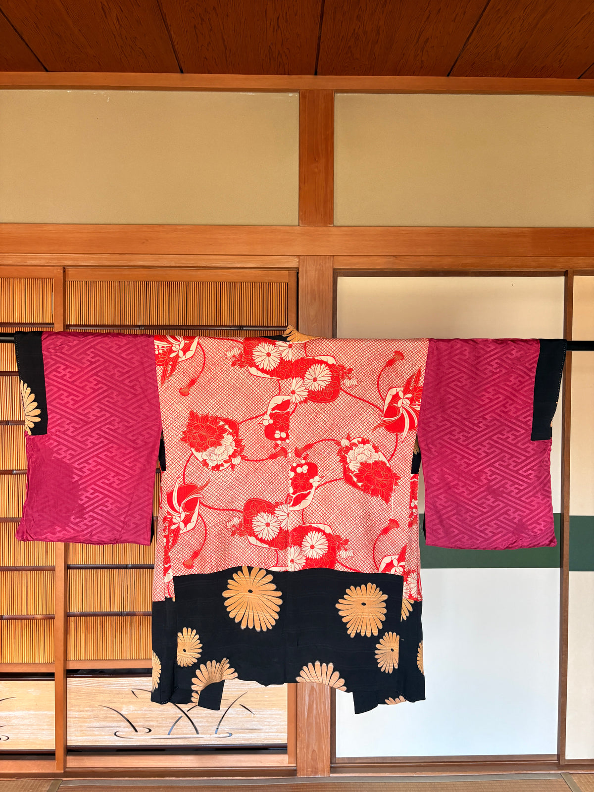 Antique Japanese Silk Haori – lack Chrysanthemum Kimono Jacket | Possibly Taisho Era