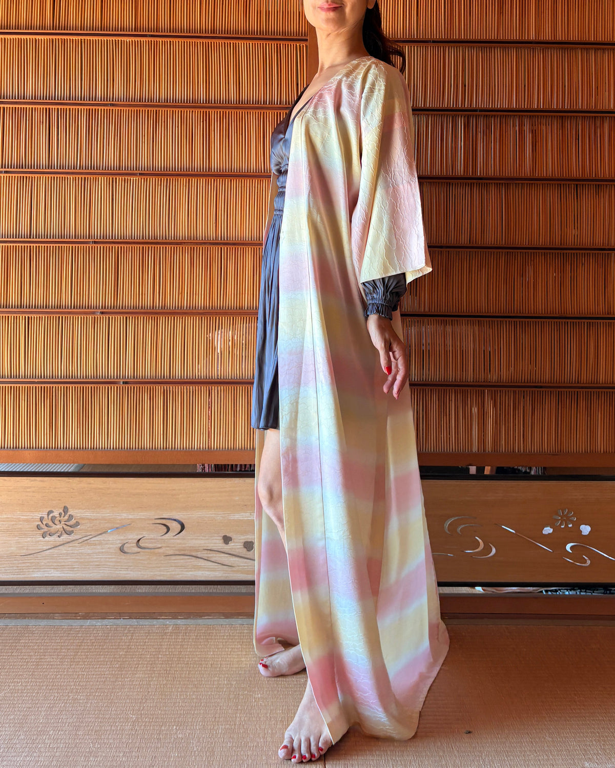 Japanese Silk Kimono Robe – Soft Pink, Yellow & Ivory | One of a Kind