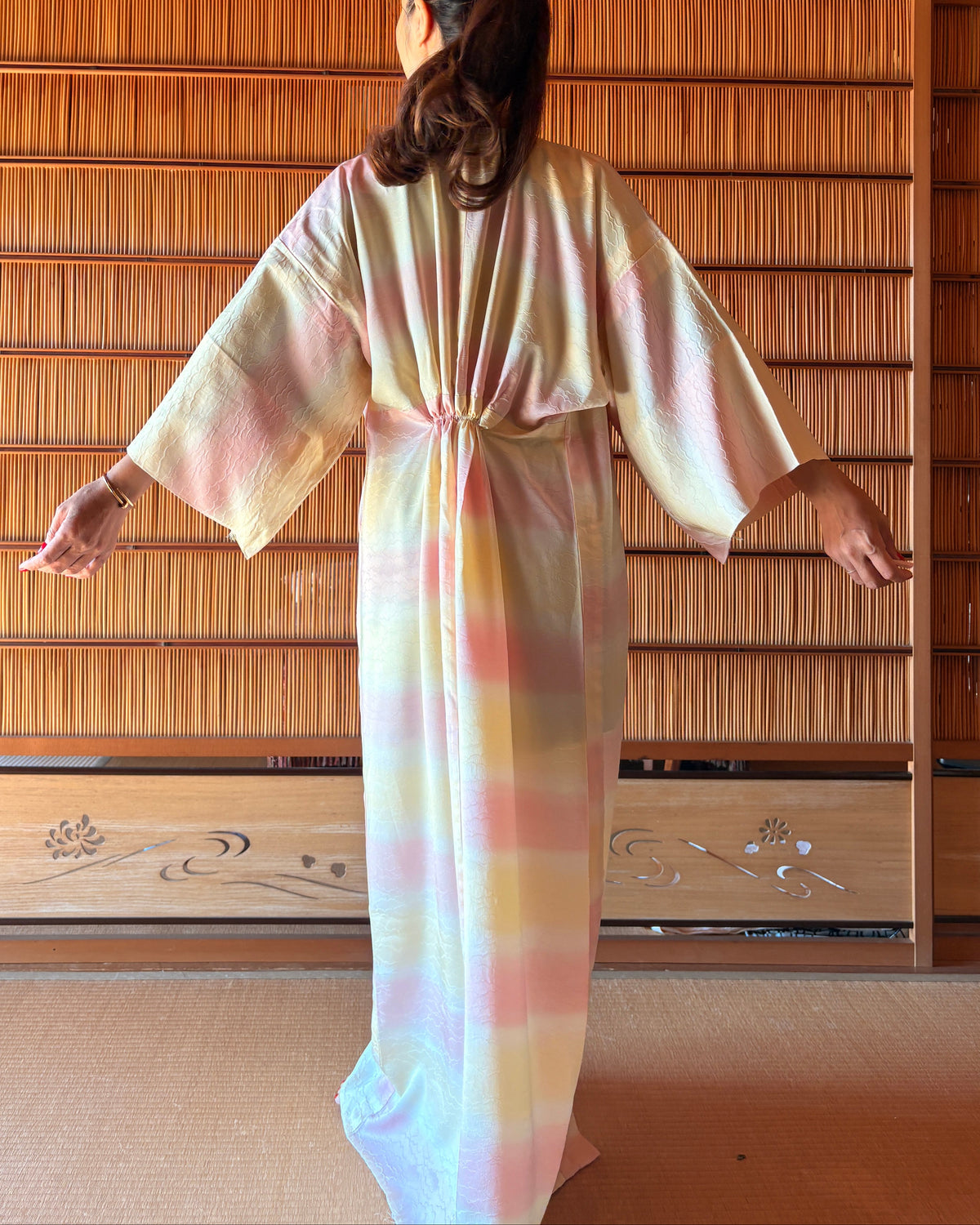 Japanese Silk Kimono Robe – Soft Pink, Yellow & Ivory | One of a Kind