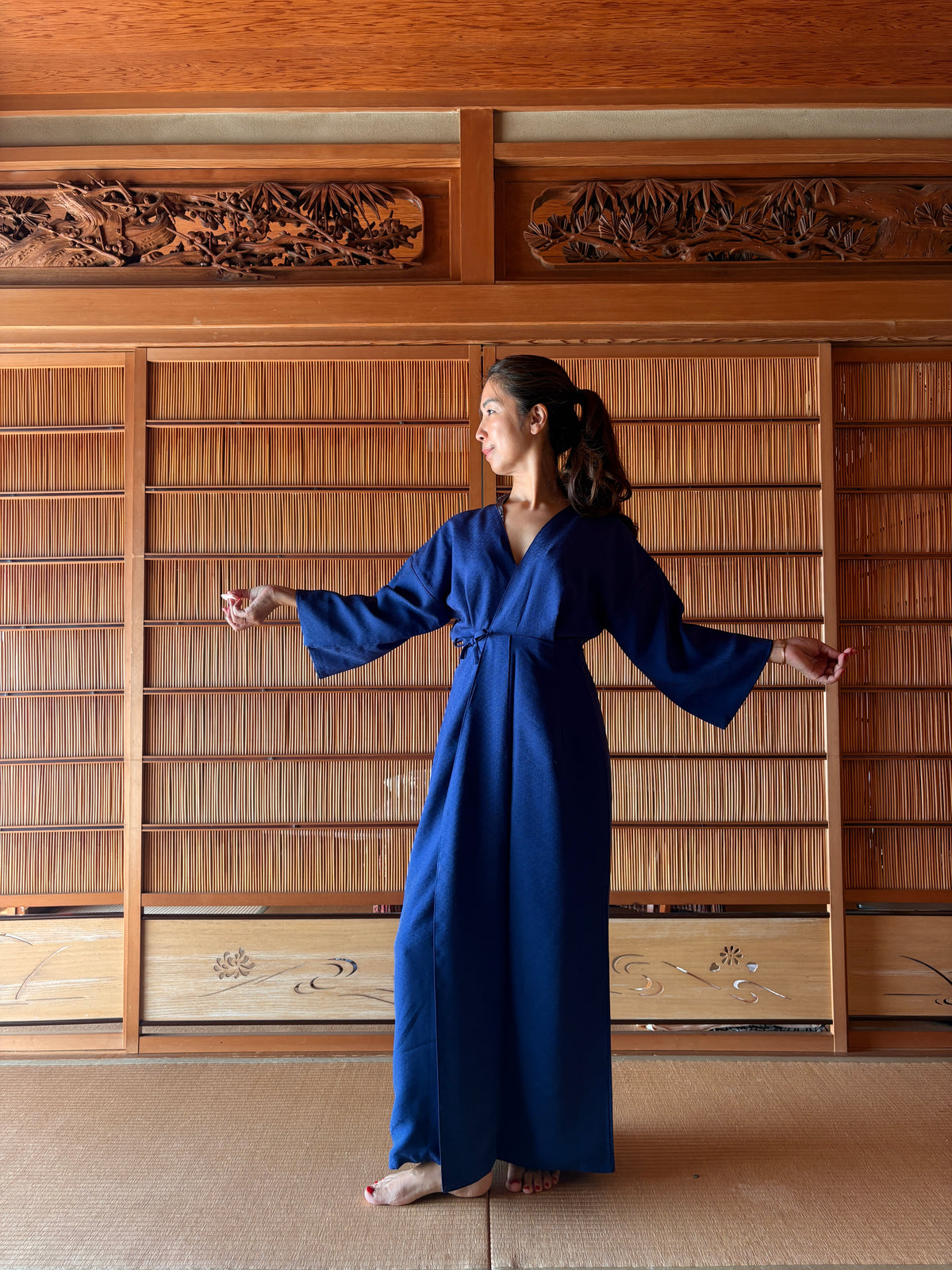 Japanese Silk Wrap Dress – Deep Blue with Woven Patterns