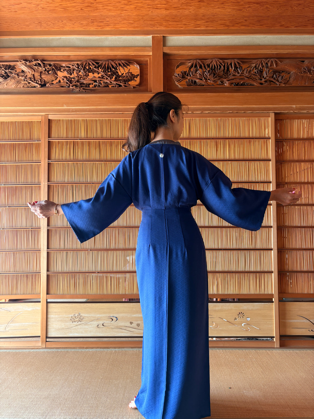 Japanese Silk Wrap Dress – Deep Blue with Woven Patterns