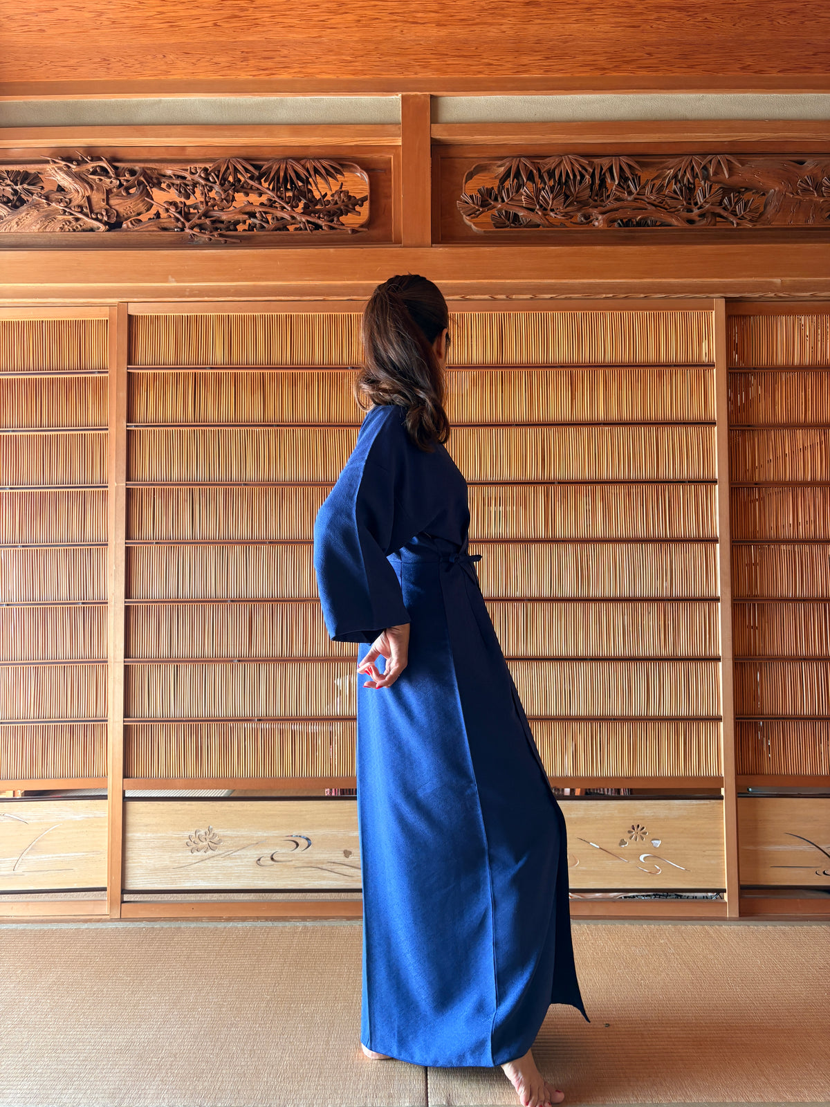 Japanese Silk Wrap Dress – Deep Blue with Woven Patterns