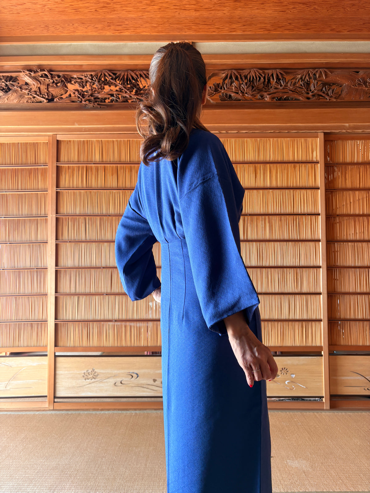 Japanese Silk Wrap Dress – Deep Blue with Woven Patterns