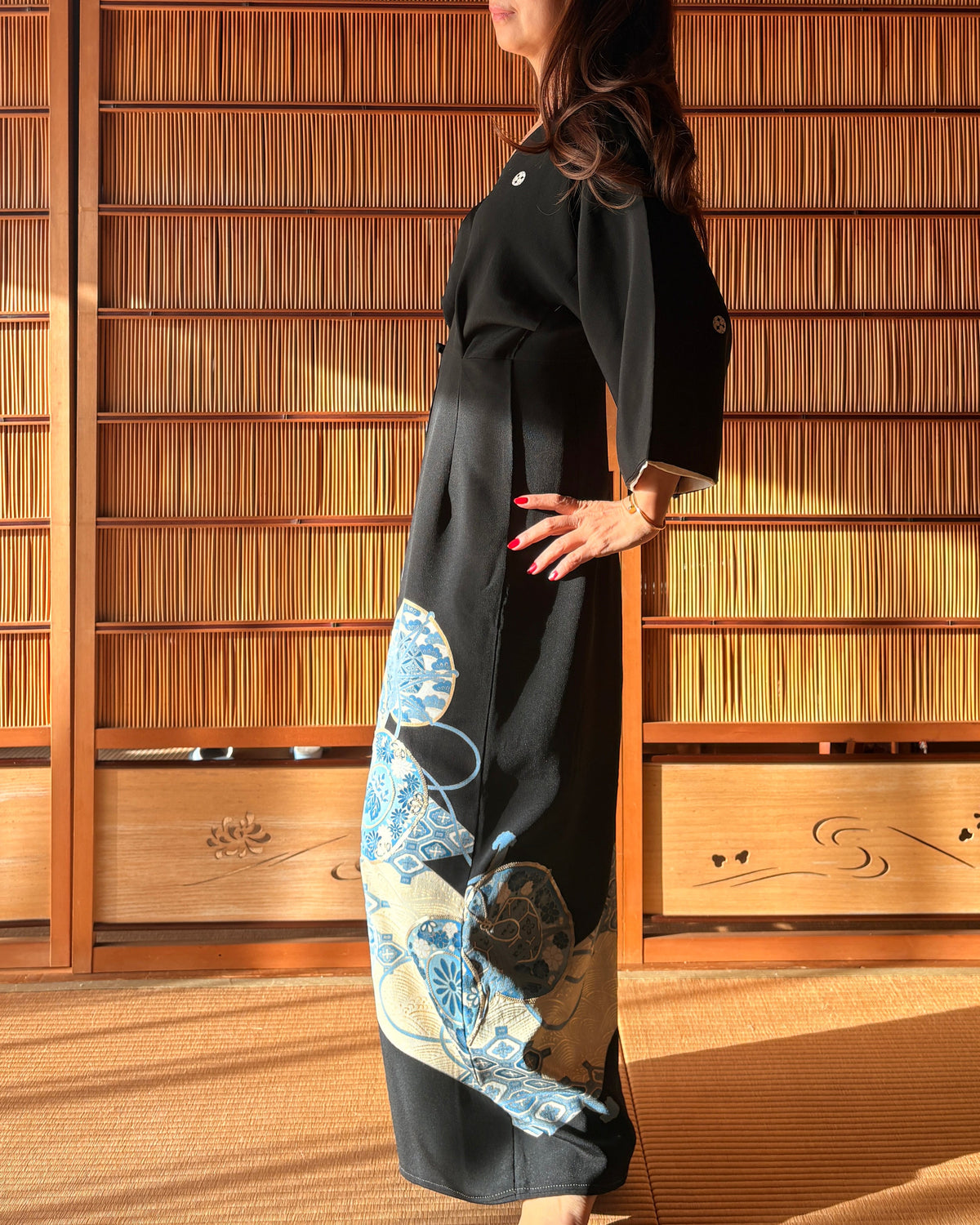 Japanese Black Silk Kimono Wrap Dress – Blue & Gold Motifs | One of a Kind