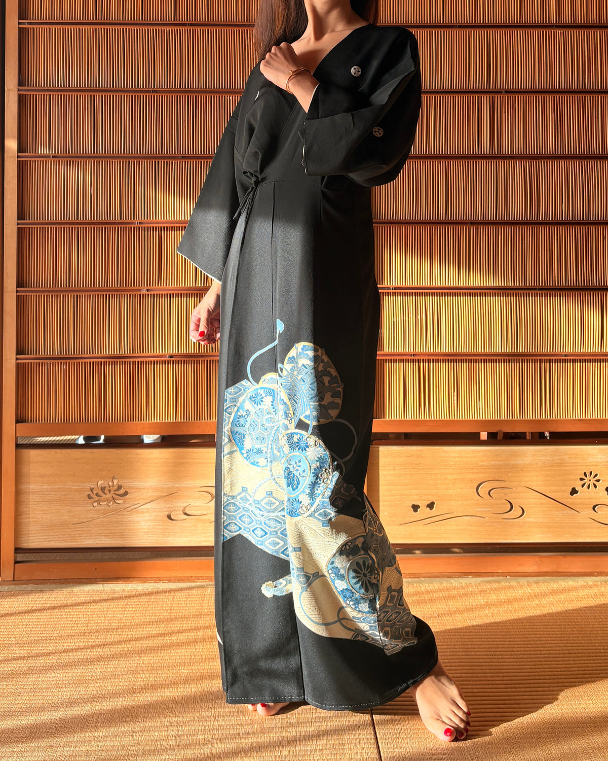 Japanese Black Silk Kimono Wrap Dress – Blue & Gold Motifs | One of a Kind
