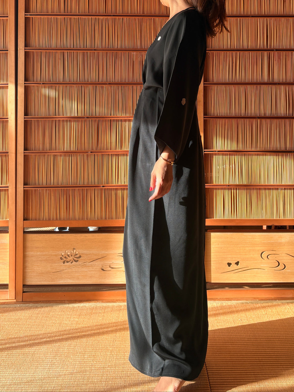 Antique Japanese Black Silk Kimono Wrap Dress – Red Sleeve Lining | One of a Kind