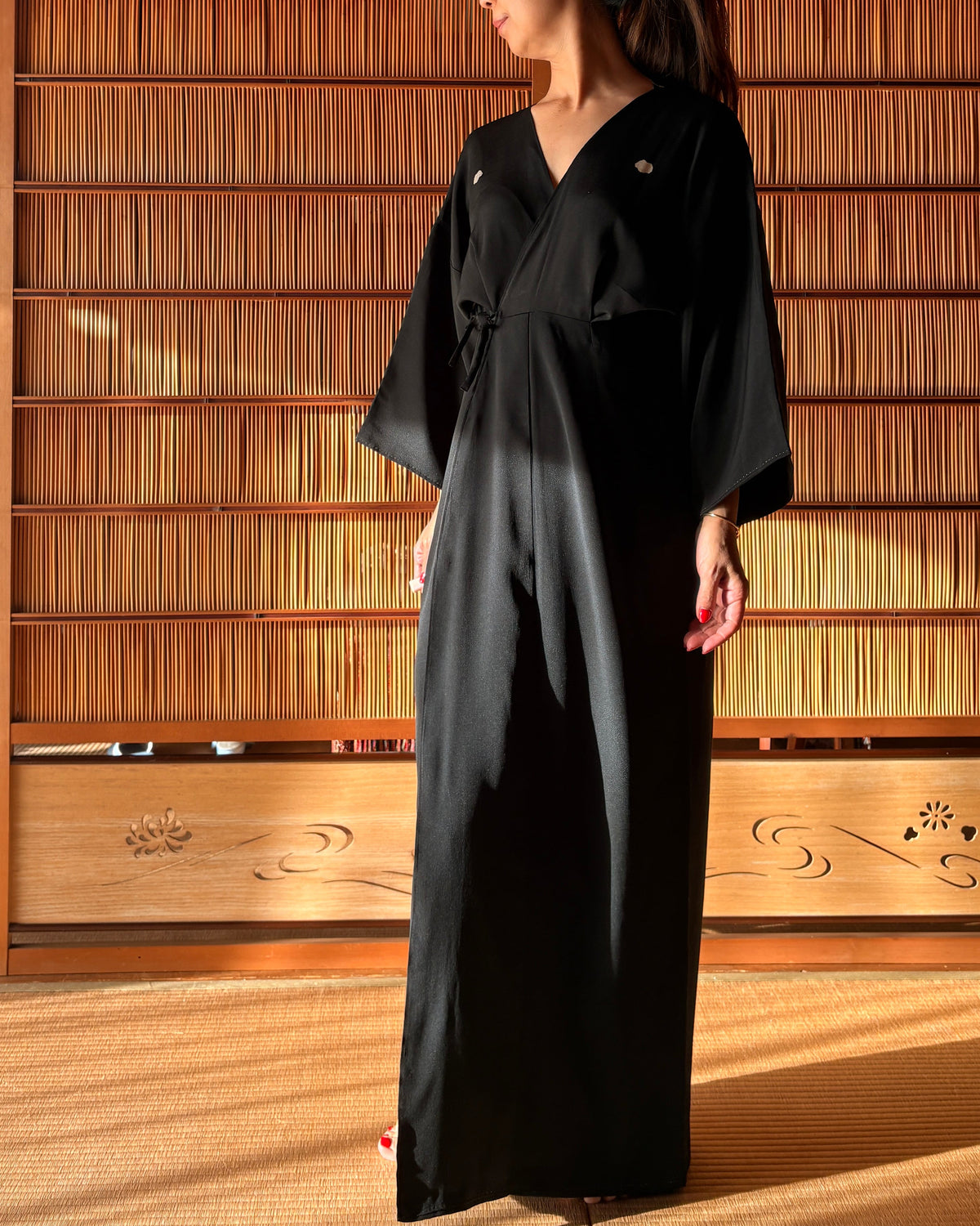 Antique Japanese Black Silk Kimono Wrap Dress – Red Sleeve Lining | One of a Kind