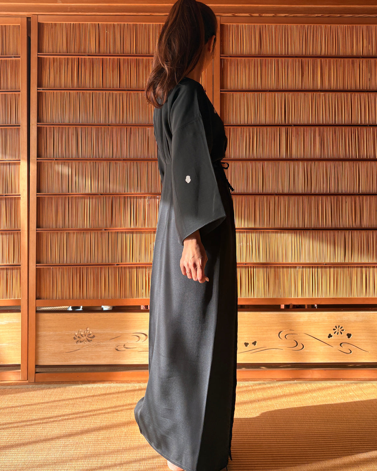 Antique Japanese Black Silk Kimono Wrap Dress – Red Sleeve Lining | One of a Kind