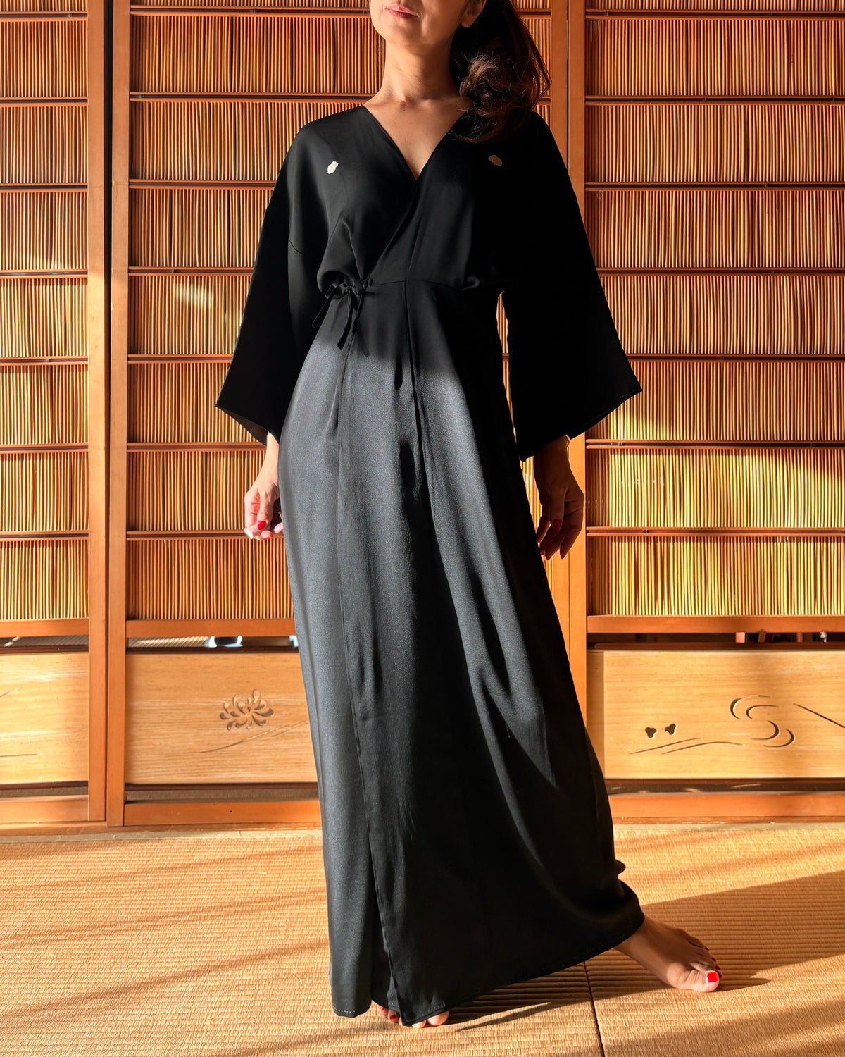 Antique Japanese Black Silk Kimono Wrap Dress – Red Sleeve Lining | One of a Kind