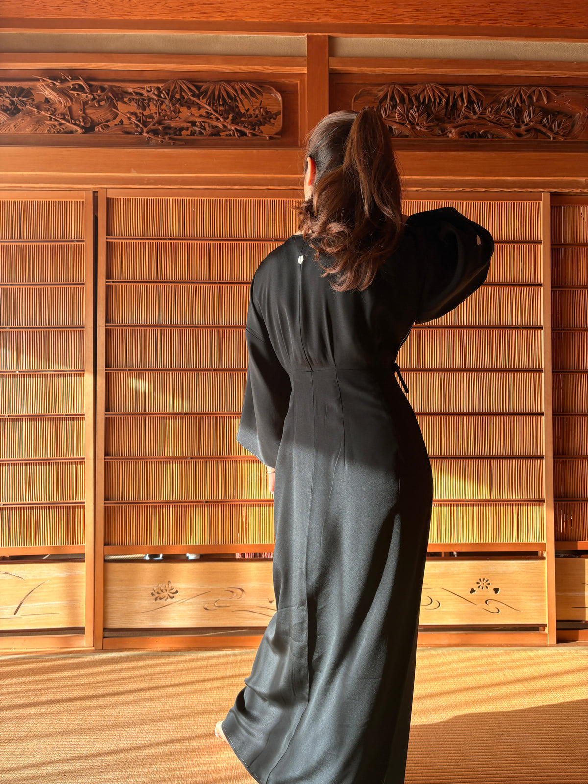 Antique Japanese Black Silk Kimono Wrap Dress – Red Sleeve Lining | One of a Kind