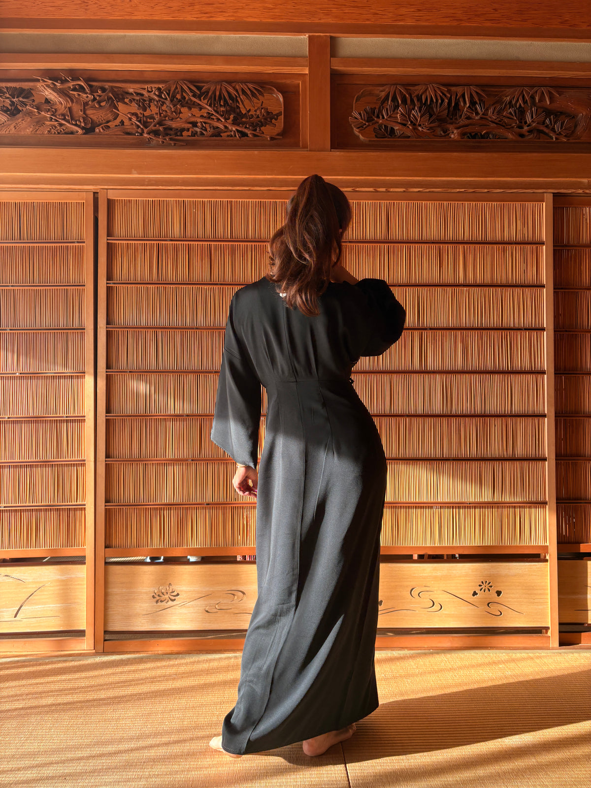 Antique Japanese Black Silk Kimono Wrap Dress – Red Sleeve Lining | One of a Kind