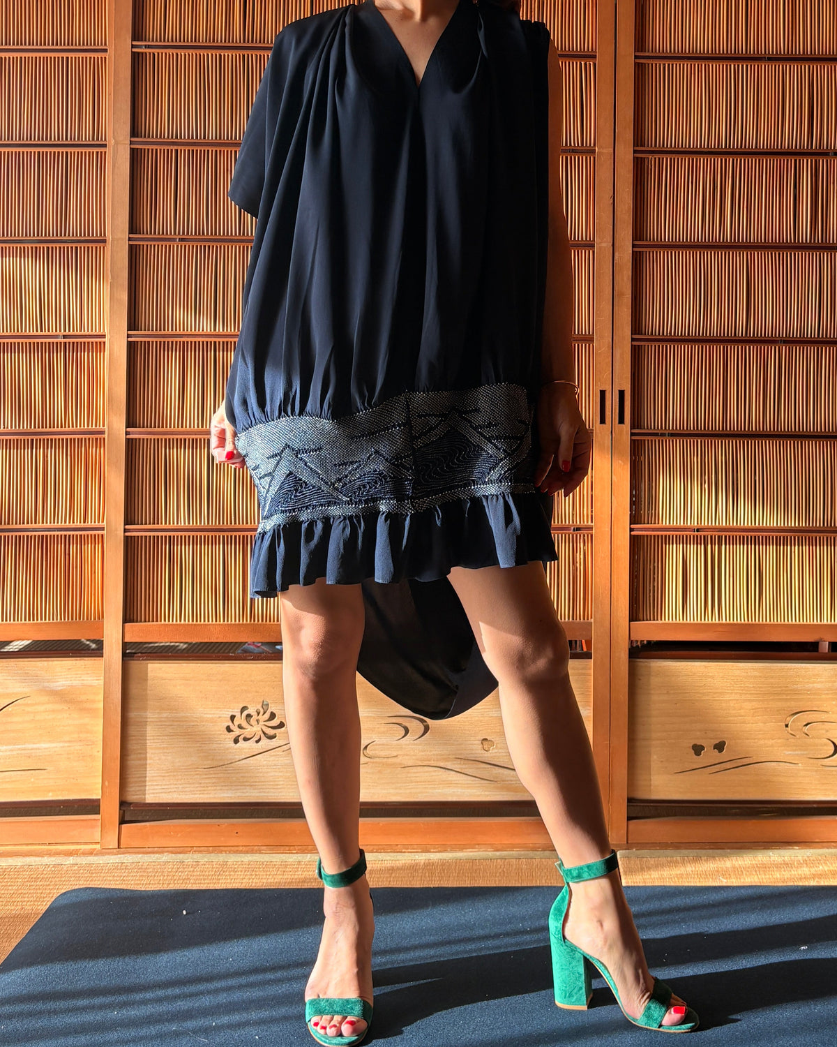 Japanese Silk Heko Obi Dress – Deep Navy Blue Shibori Kimono Dress | One of a Kind