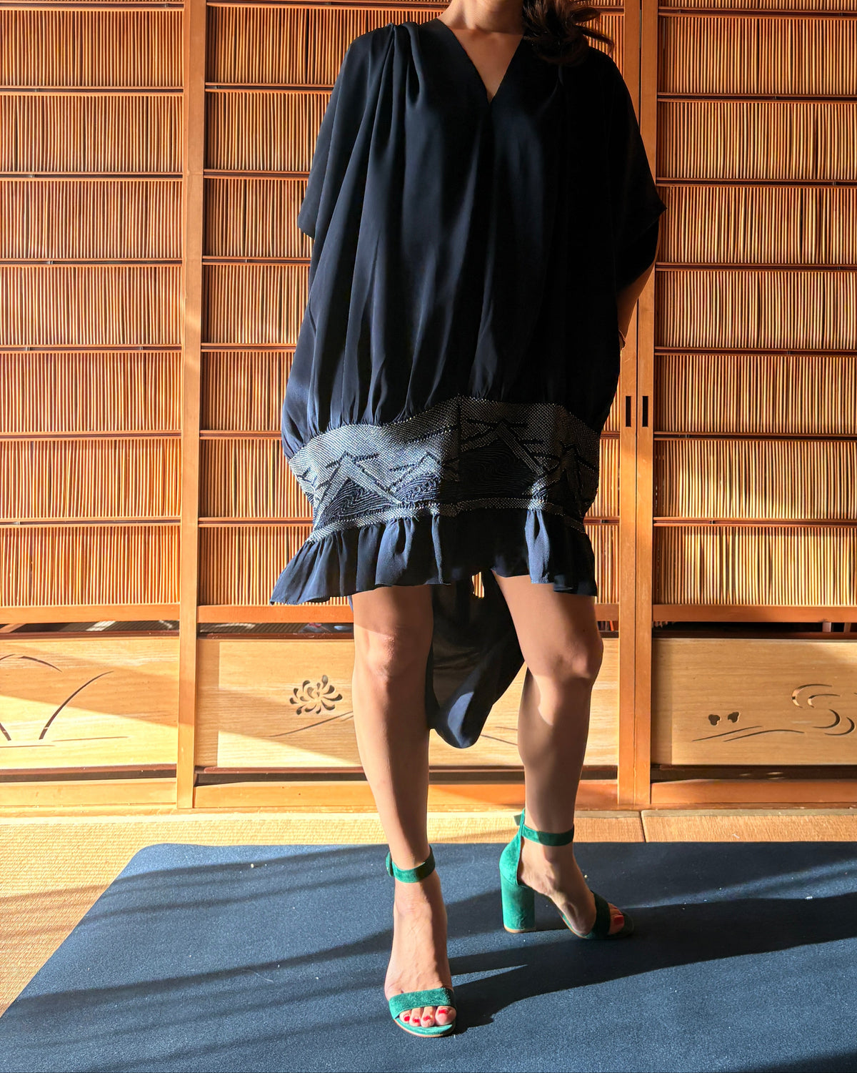 Japanese Silk Heko Obi Dress – Deep Navy Blue Shibori Kimono Dress | One of a Kind