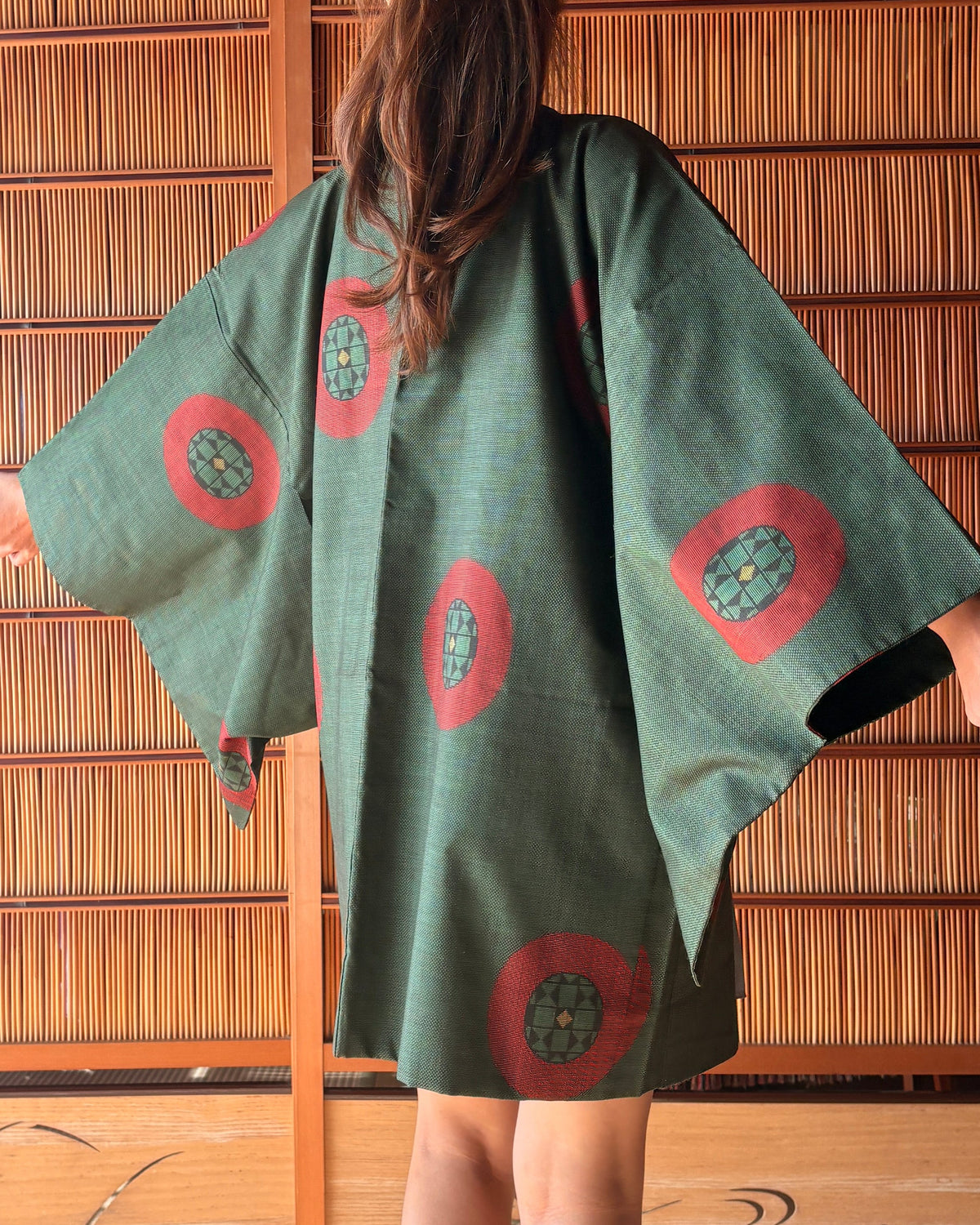 Japanese Silk Haori – Deep Tea Green & Red Kimono Jacket | One of a Kind