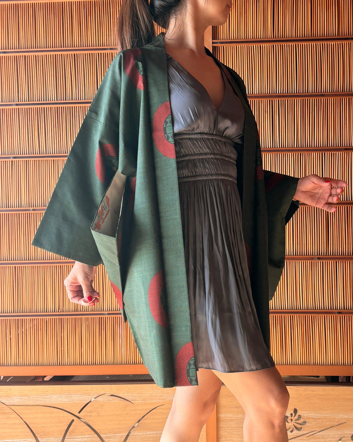 Japanese Silk Haori – Deep Tea Green & Red Kimono Jacket | One of a Kind
