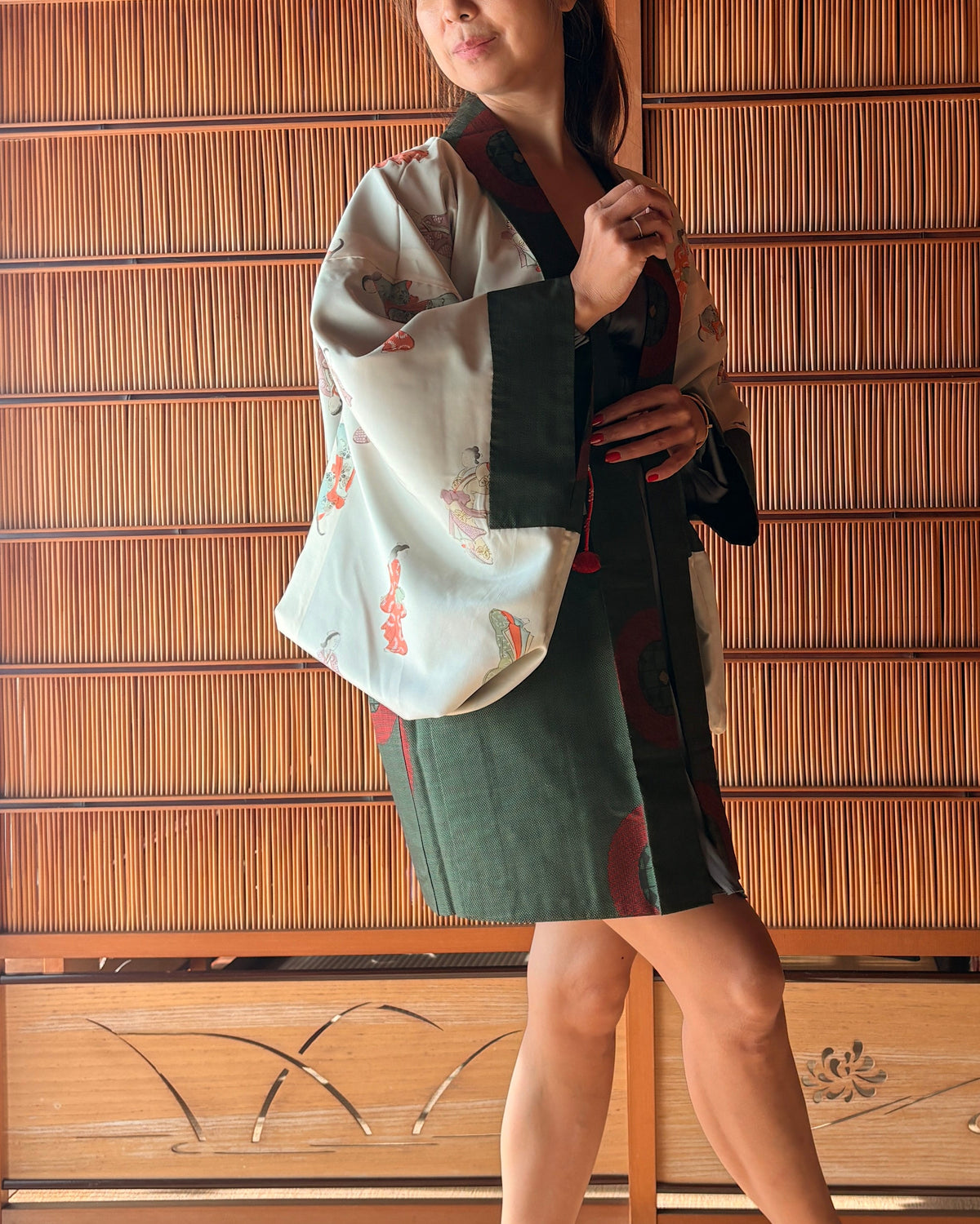 Japanese Silk Haori – Deep Tea Green & Red Kimono Jacket | One of a Kind