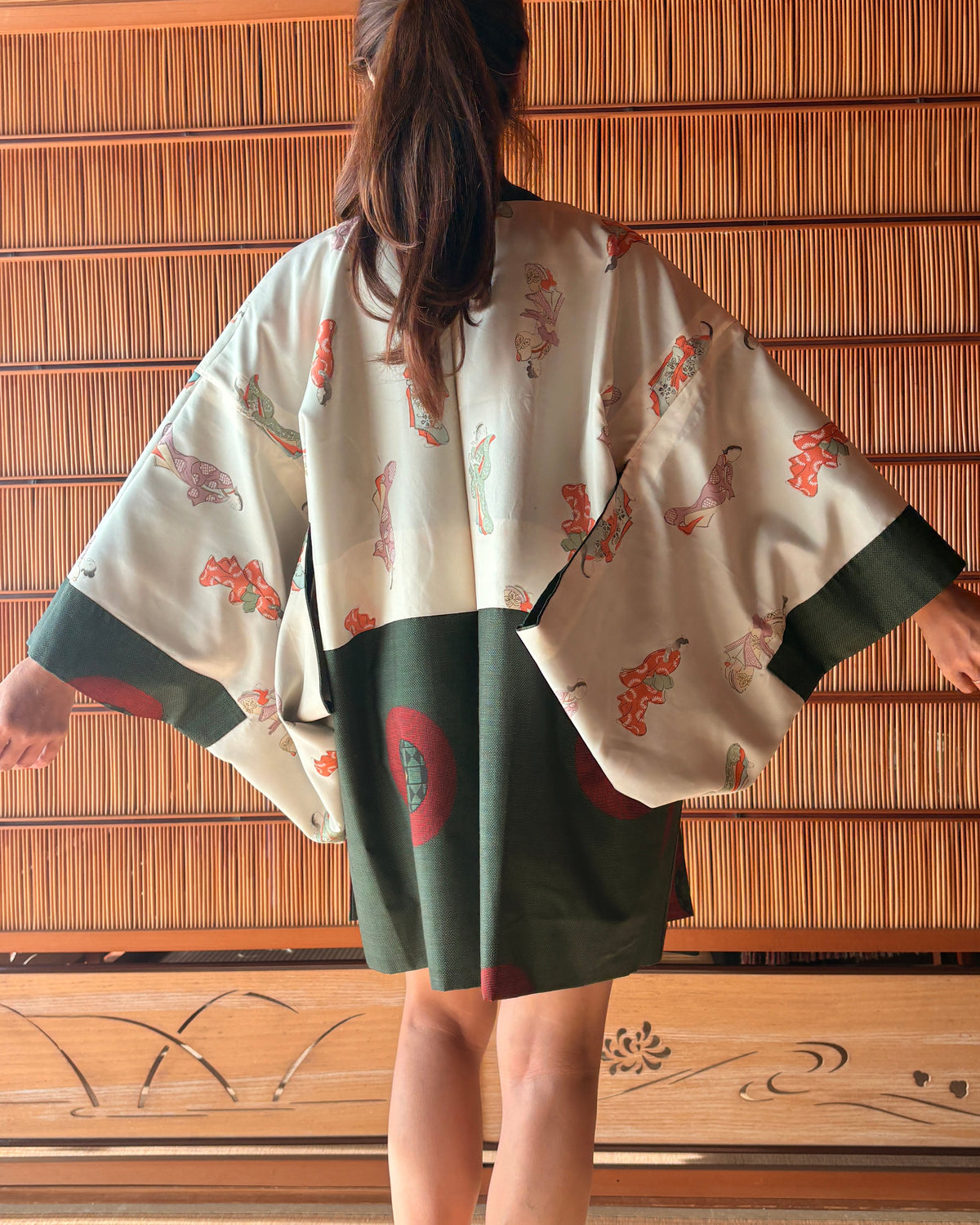 Japanese Silk Haori – Deep Tea Green & Red Kimono Jacket | One of a Kind