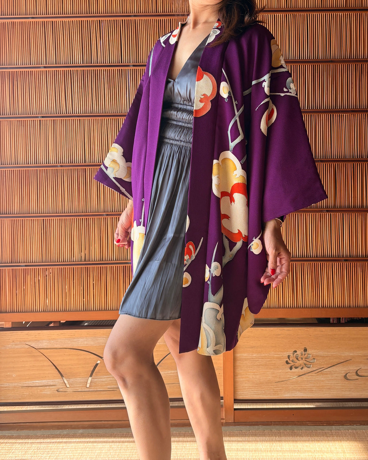 Antique Japanese Silk Haori – Deep Purple Floral Kimono Jacket | One of a Kind