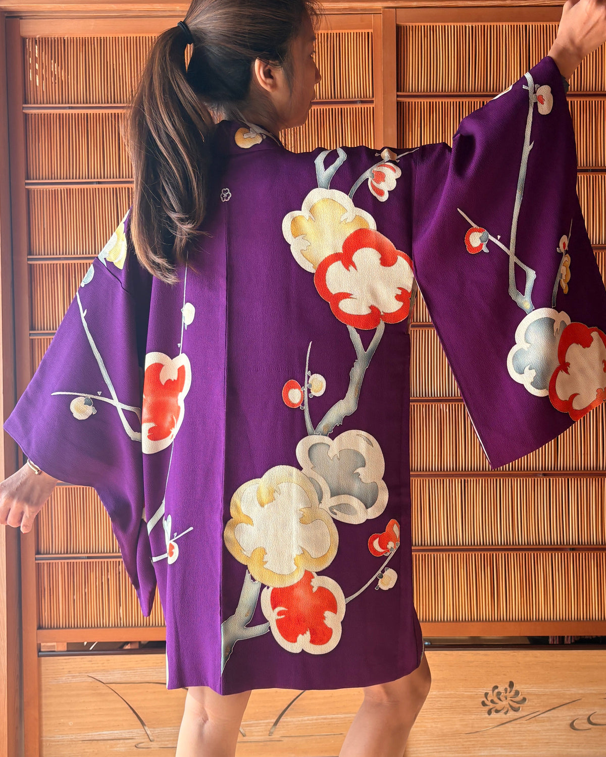 Antique Japanese Silk Haori – Deep Purple Floral Kimono Jacket | One of a Kind
