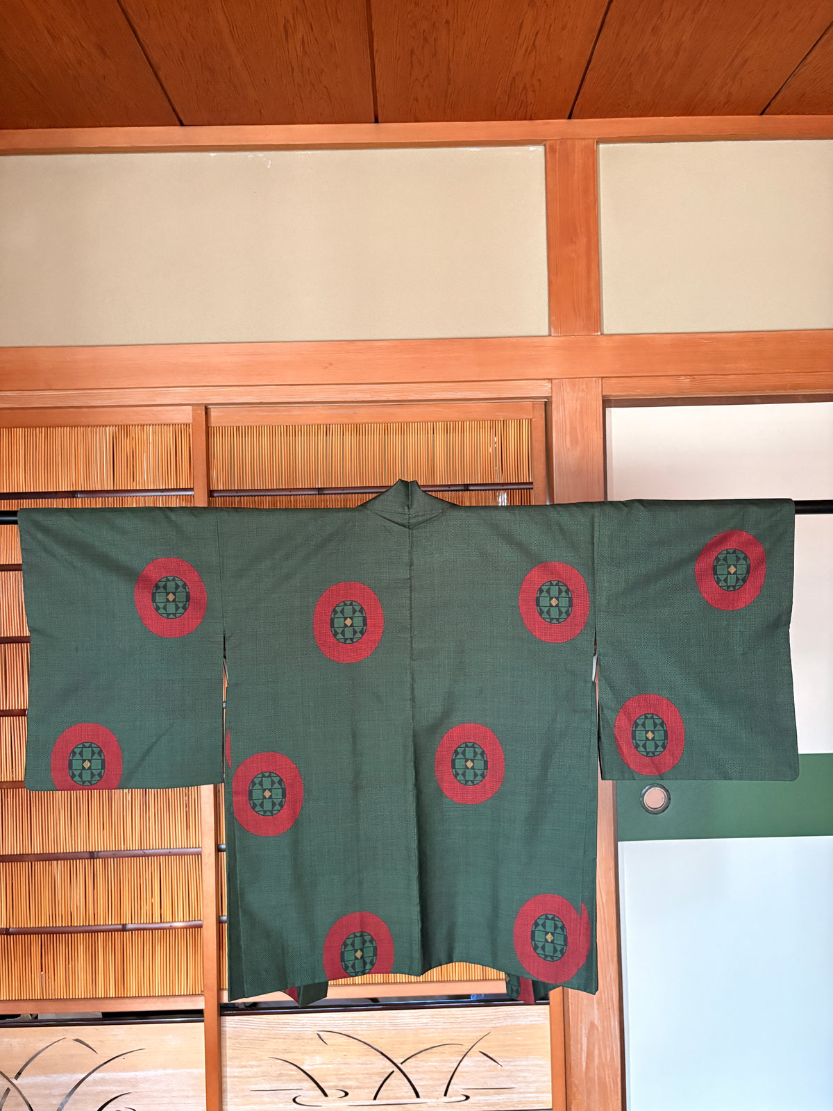 Japanese Silk Haori – Deep Tea Green & Red Kimono Jacket | One of a Kind