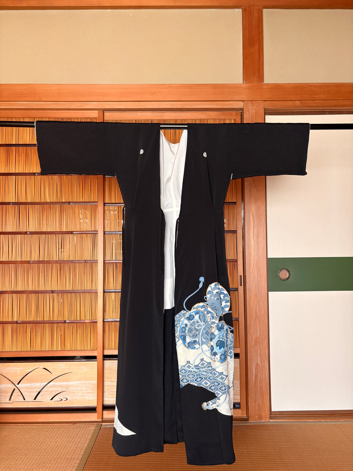 Japanese Black Silk Kimono Wrap Dress – Blue & Gold Motifs | One of a Kind