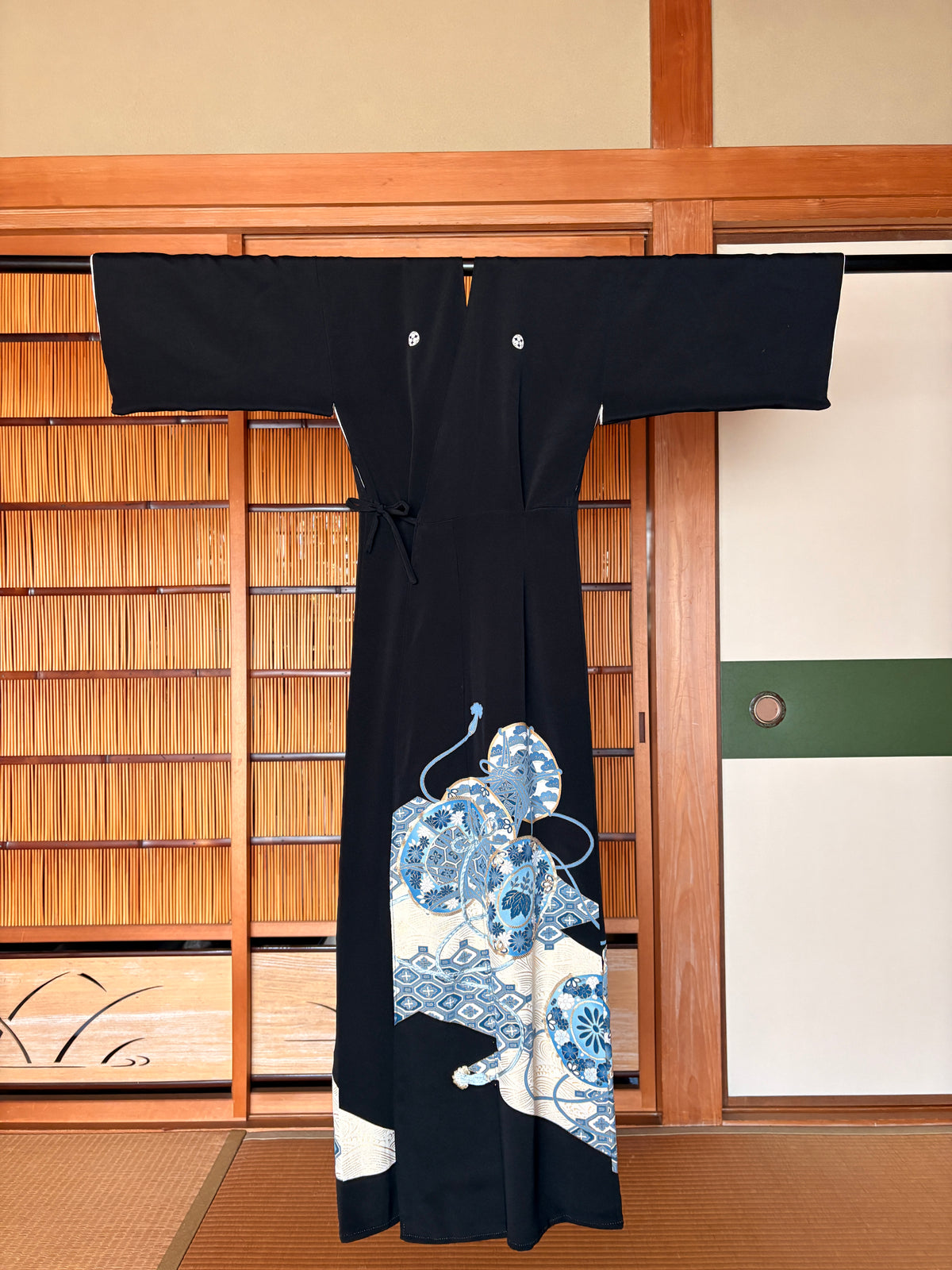Japanese Black Silk Kimono Wrap Dress – Blue & Gold Motifs | One of a Kind