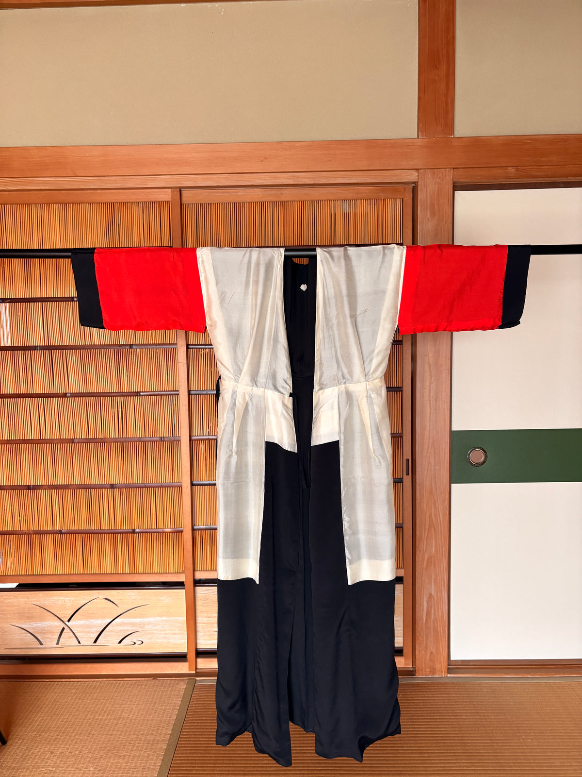 Antique Japanese Black Silk Kimono Wrap Dress – Red Sleeve Lining | One of a Kind
