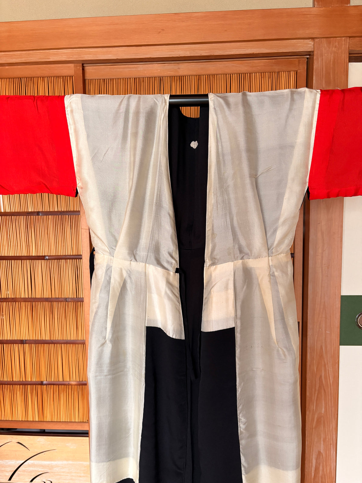 Antique Japanese Black Silk Kimono Wrap Dress – Red Sleeve Lining | One of a Kind