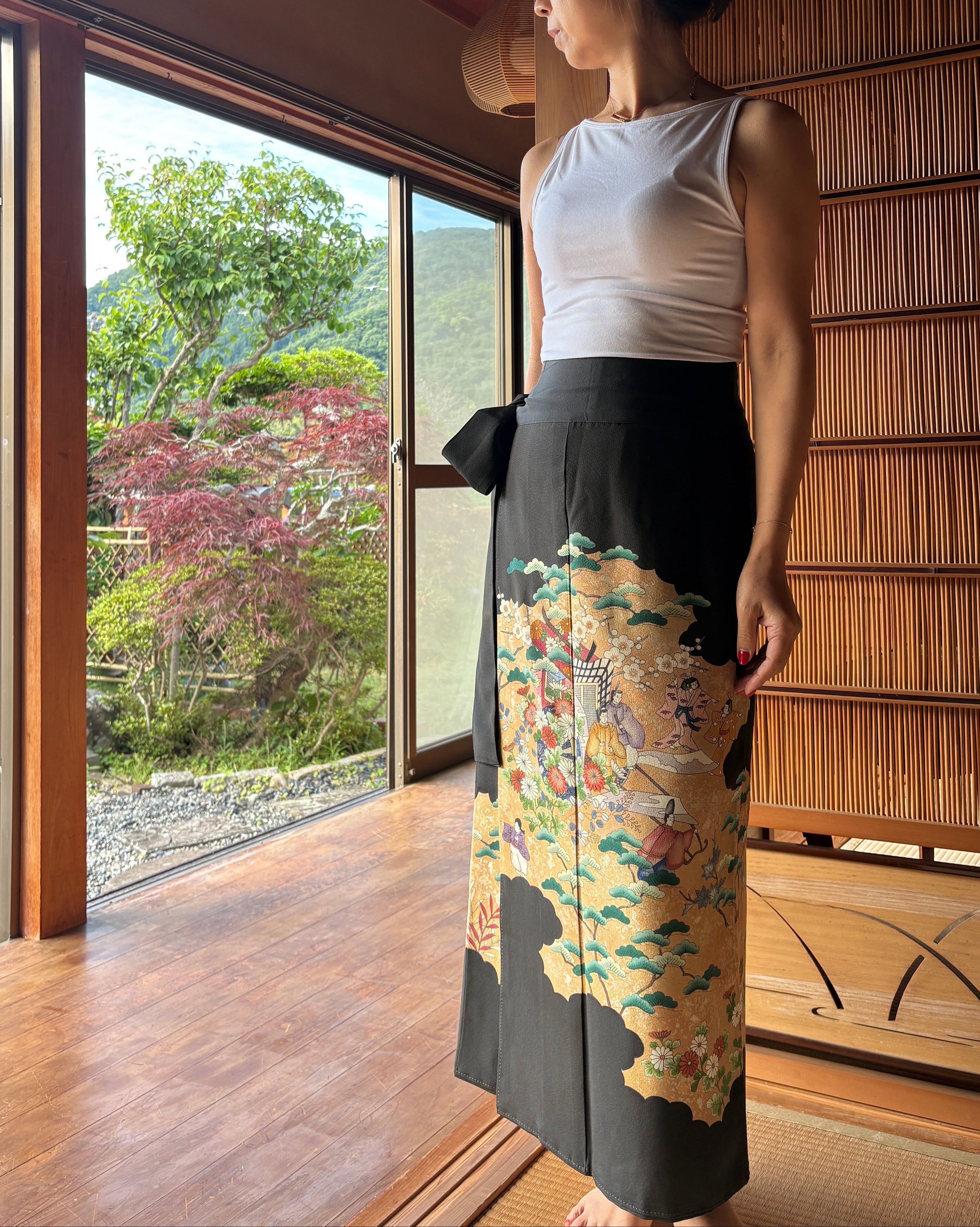 Vintage Silk Tomesode Wrap Skirt – Storytelling Scene with Pine Trees | Convertible Dress