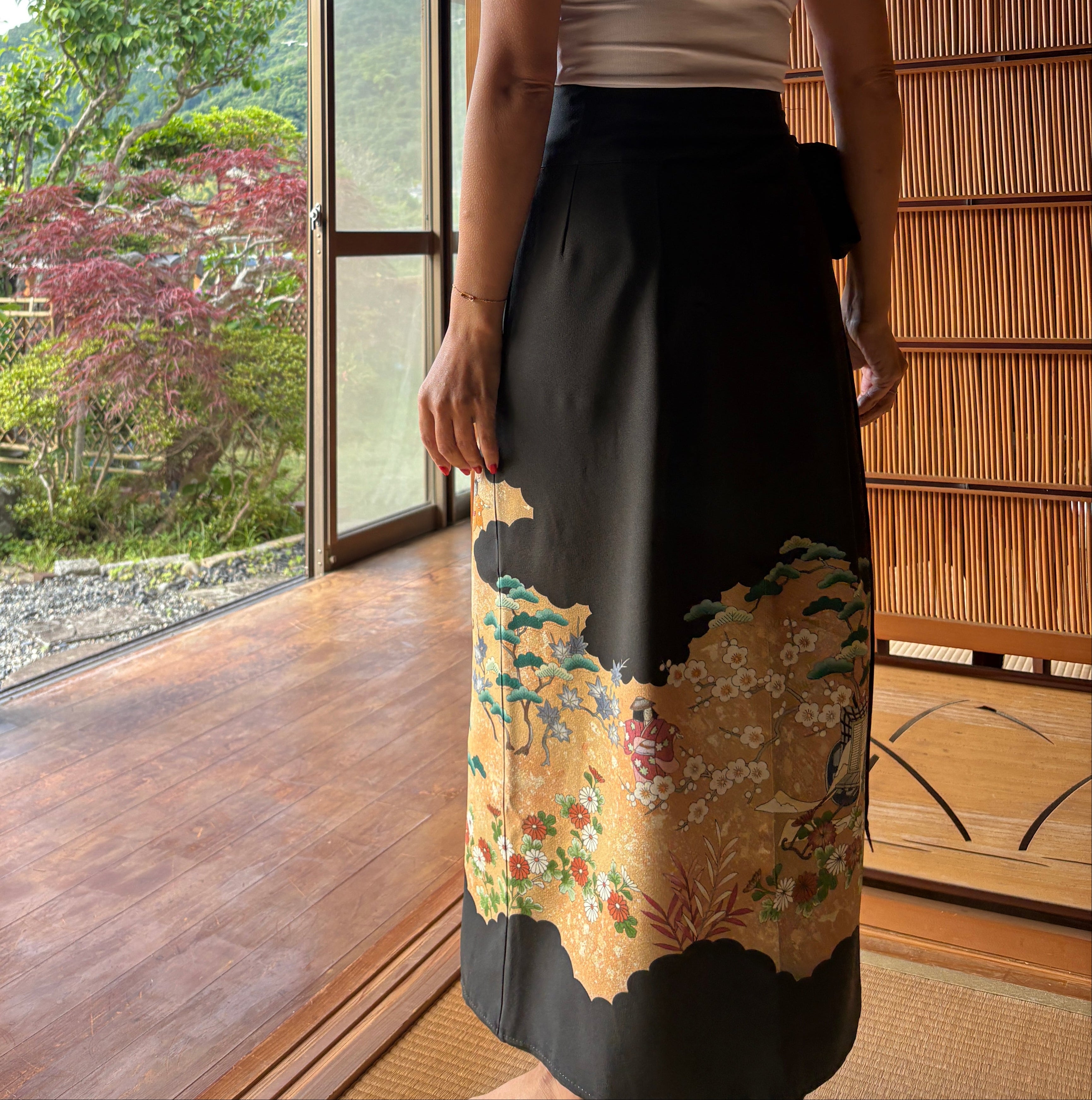 Vintage Silk Tomesode Wrap Skirt – Storytelling Scene with Pine Trees | Convertible Dress